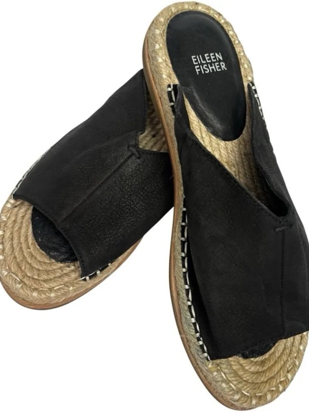 Eileen Fisher Black Leather Espadrille Slide Mules